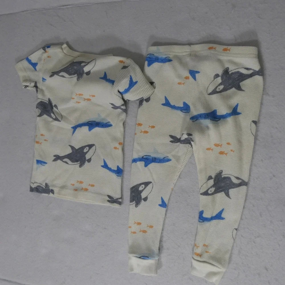 Carter's‎ Kids Pajama Set 18M Cream Shark Print Waffle Knit Thermal Snug Fit